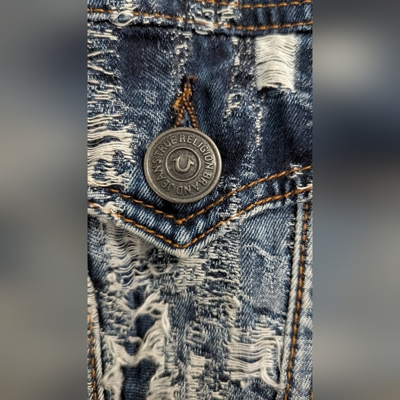 TRUE RELIGION Men's Danny Distressed Ripped Denim Jean Jacket Shredded SP - Picture 5 of 12